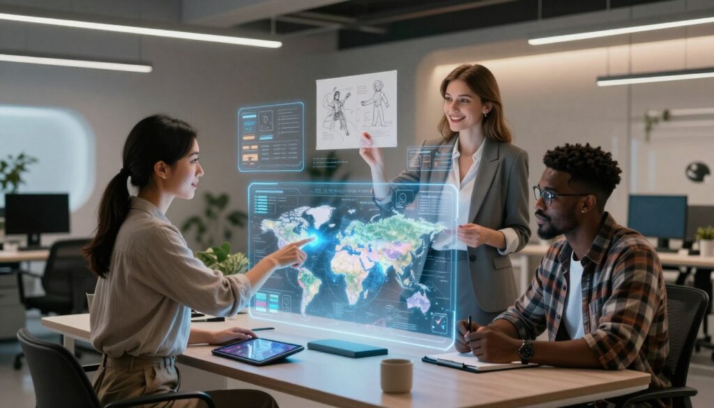 A cozy, modern workspace featuring a diverse group of three professionals huddled around a sleek holographic interface displaying an intricate fantasy world map. In the foreground, a woman of Asian descent wearing smart casual attire points to a glowing node, while a Black man in a plaid shirt takes notes on a digital tablet. A Caucasian woman in a stylish blazer smiles, bringing ideas to life. The middle ground showcases floating text elements and visual aids like character sketches and world-building tools. The background reveals a minimalistic office with futuristic décor and soft, ambient lighting, creating a collaborative and innovative atmosphere. Use a wide-angle lens to capture the dynamics of teamwork and creativity in this narrative-driven context.