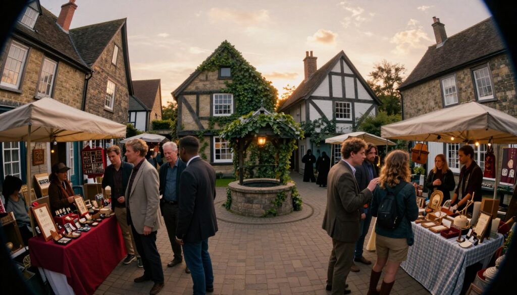 A cozy, small-town scene composed of a vibrant marketplace bustling with activity in the foreground, where various townsfolk gather and exchange whispers. Include a group of diverse non-player characters (NPCs) dressed in professional attire and modest casual clothing, sharing secrets amidst colorful stalls with wares hinting at local lore. In the middle ground, an ancient well stands adorned with ivy, symbolizing hidden truths, while shadowy figures lurk nearby, subtly listening in. The background depicts charming, timber-framed houses under a warm, golden sunset, casting long shadows and creating an intimate atmosphere. Use soft, diffused lighting to enhance the sense of mystery and intrigue, captured with a slight fisheye lens to encompass the lively environment. The overall mood should evoke a sense of discovery, excitement, and the thrill of uncovering local secrets.