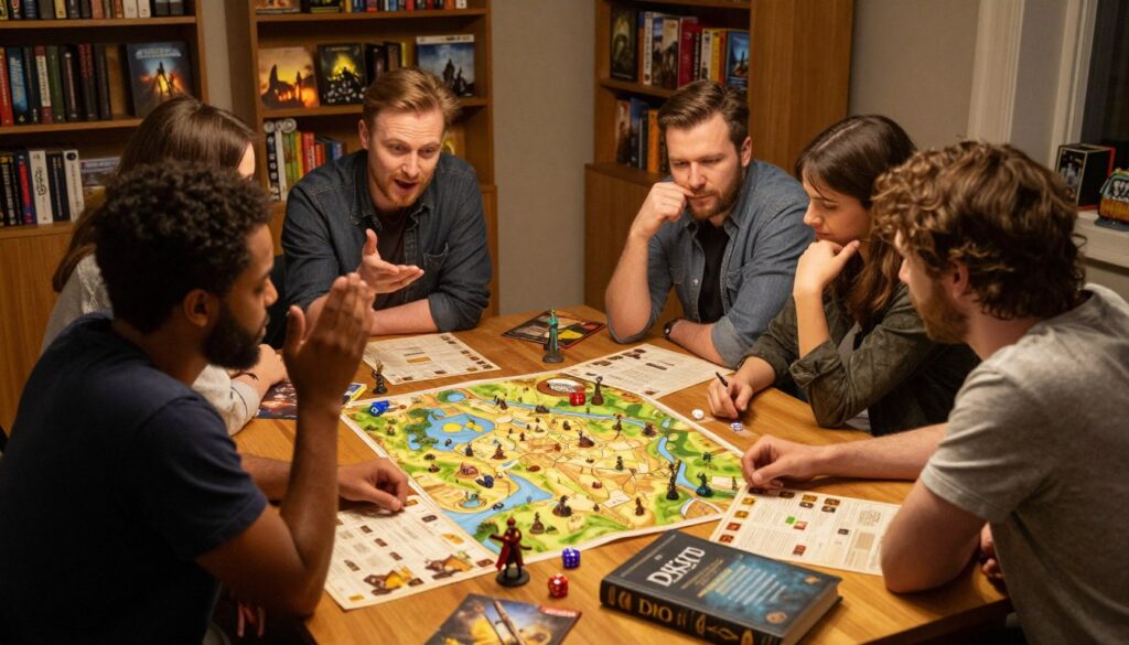 A cozy tabletop gaming scene set in a warmly lit room, featuring a wooden table scattered with character sheets, dice, and miniatures. In the foreground, a diverse group of players—two men and two women—are animatedly discussing their characters, wearing casual, modest clothing. One player gestures excitedly, while another leans over the table, deeply engaged in storytelling. In the middle ground, a large fantasy map is spread out, showcasing various landscapes, and a classic D&D rulebook lies open. In the background, shelves filled with fantasy novels and game boxes glow softly in the ambient light, creating an inviting atmosphere. The scene is painted with warm hues, conveying a sense of camaraderie and imaginative adventure, captured at a slight angle to emphasize the dynamic interaction among the players.