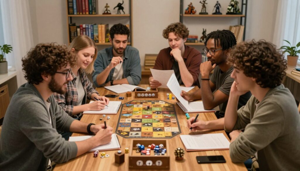 A cozy tabletop roleplaying game setup in a well-lit room, featuring a diverse group of players engaged in an imaginative session. In the foreground, a friendly game master seated at the head of the table, wearing glasses and a cardigan, animatedly discussing the game scenario. The middle layer showcases the players, a mix of genders and ethnicities, each absorbed in the game, one taking notes, another rolling dice, and a third deep in thought with a character sheet in hand. The background includes shelves filled with game books, dice, and fantasy miniatures. Soft, warm lighting creates an inviting atmosphere, casting gentle shadows and highlighting the expressions of joy and concentration on the players' faces. The composition captures a supportive and inclusive environment, fostering creativity and collaboration.