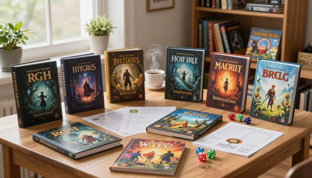 A cozy tabletop scene depicting a curated list of solo tabletop RPGs. In the foreground, a beautifully organized tabletop, featuring an assortment of colorful RPG rulebooks, character sheets, and dice arranged artfully. The books are varied in size and design, showcasing fantasy art and whimsical covers. In the middle ground, soft natural lighting filters through a nearby window, illuminating a steaming cup of coffee and a small potted plant, adding warmth to the atmosphere. The background features a wooden bookcase filled with more RPG books and board games, creating a nostalgic gaming ambiance. The mood is inviting and creative, perfect for solo gaming sessions, evoking a sense of adventure and solitude.