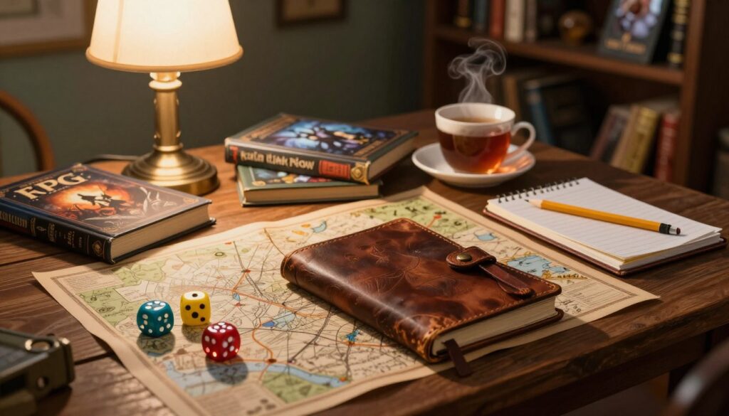 A cozy tabletop scene showcasing solo RPG play tools. In the foreground, a wooden table is adorned with a well-worn leather gaming journal, colorful dice, and a vintage map. A soft, warm light from a nearby lamp creates inviting shadows. In the middle ground, there are a few scattered role-playing game books with intricate cover art, and a cup of steaming tea sits alongside a pencil and notepad, hinting at creative planning and story-building. The background features a bookshelf filled with fantasy novels and game accessories, adding to the immersive atmosphere. The overall mood is one of tranquility and deep concentration, ideal for solo exploration and adventure in tabletop gaming.