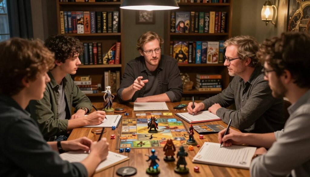 A cozy, warmly lit tabletop gaming setting showcasing a group of diverse players engaged in a TTRPG session. In the foreground, a detailed wooden table is covered with character sheets, dice, and miniatures of various characters and NPCs, including a wise-looking elf, a sturdy dwarf, and a mysterious mage. In the middle ground, a game master, depicted in professional casual attire, enthusiastically explaining an NPC's storyline, while players attentively listen and take notes. The background features shelves filled with fantasy books and board games, contributing to a rich gaming atmosphere. Soft overhead lighting creates a welcoming glow, with a slight depth of field focusing the viewer's attention on the interaction. The scene conveys a sense of collaboration, excitement, and strategy in managing NPC relationships during the campaign.