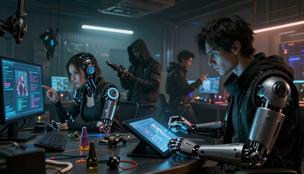 A cyberpunk character creation scene in a grimdark setting, featuring a diverse group of four characters in a dimly lit, futuristic workshop filled with high-tech equipment and digital screens displaying character stats. In the foreground, a woman with neon blue cybernetic implants sketches designs on a holographic tablet, while a man with a sleek, robotic arm reviews a character profile on a terminal. The middle ground captures a shadowy figure in a hood analyzing weaponry and gadgets, surrounded by various character accessories and modifications. The background is lined with flickering neon lights casting an eerie glow, creating a moody atmosphere. Use dramatic lighting, shot from a low angle to emphasize depth, and capture a gritty, detached ambiance.