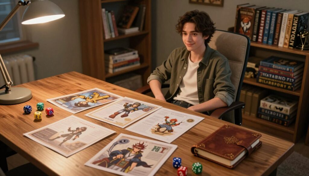 A detailed character image confidence tool designed for shy roleplayers, set in a cozy gaming room. In the foreground, a stylish wooden table displays various roleplaying tools: character sheets, colorful dice, and a beautiful leather-bound journal, all illuminated by soft, warm lighting from an overhead lamp. The middle ground features a comfy chair with a cushion where a confident avatar character sits, dressed in modest casual clothing, showcasing an approachable demeanor. The background reveals shelves filled with fantasy novels and board games, enhancing the creative atmosphere. Overall, the scene exudes a welcoming and encouraging mood, with an inviting focus on building confidence in roleplaying settings. The angle is slightly overhead, capturing the essence of a supportive pre-game environment.