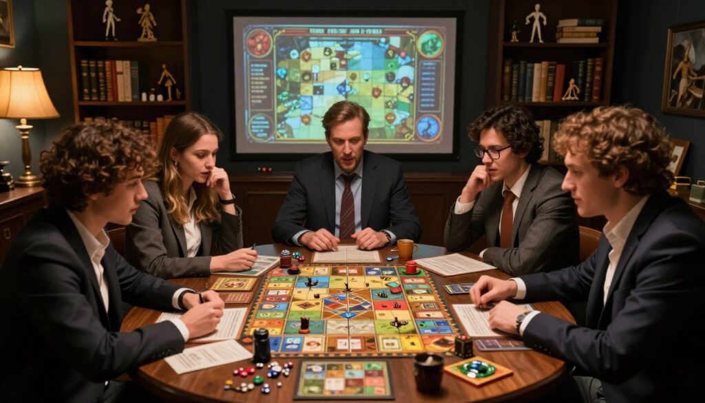 A dimly lit, cozy tabletop gaming setting featuring a round table filled with vibrant, intricate game pieces, character sheets, and dice. In the foreground, a group of diverse players (men and women) clad in professional business attire, intently focused on the game, displaying expressions of excitement and curiosity. In the middle ground, an ornate game master screen subtly illuminates, casting soft light and shadows, hinting at hidden storylines. The background showcases shelves filled with fantasy-themed books and figurines, enhancing the atmosphere of adventure. A warm glow from a nearby lamp envelops the scene, evoking a feeling of camaraderie while suggesting the underlying theme of contrived choices and guided narratives in tabletop gaming.