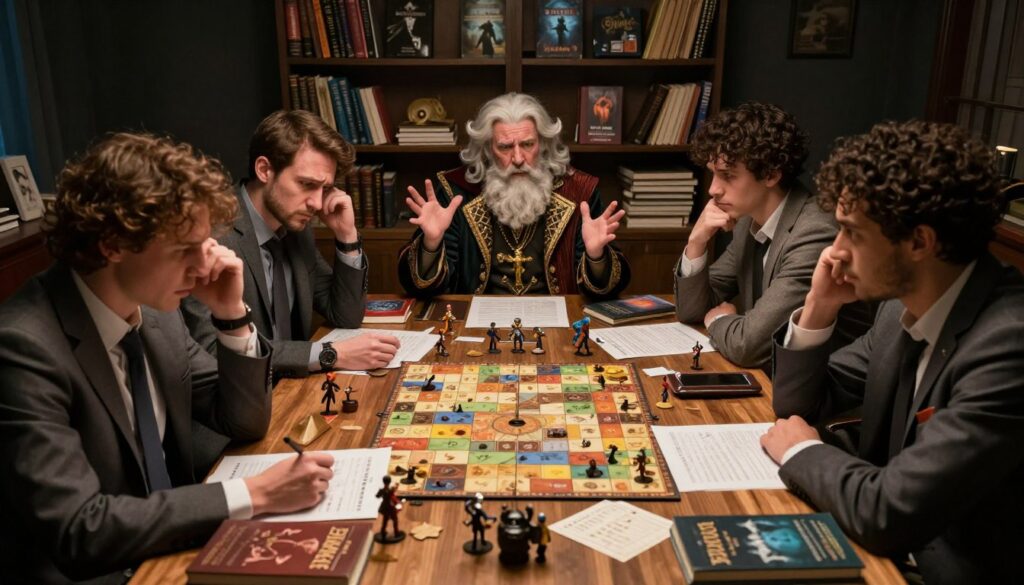 A dimly lit tabletop scene capturing the essence of common RPG pitfalls. In the foreground, a group of diverse players, all dressed in professional business attire, are engaged in a game, their expressions showing confusion and frustration. Scattered around the table are typical pitfalls like disorganized notes, too many rulebooks, and a neglected game board. In the middle ground, a dungeon master, wearing a thoughtfully curated outfit, gestures animatedly, surrounded by out-of-place miniatures and half-finished character sheets. The background features a shadowy, cluttered bookshelf overflowing with fantasy novels and role-playing guides, creating a slightly chaotic atmosphere. Soft lighting casts warm glows and shadows, enhancing the mood of frustration mixed with creativity, hinting at the challenges faced in TTRPG sessions.