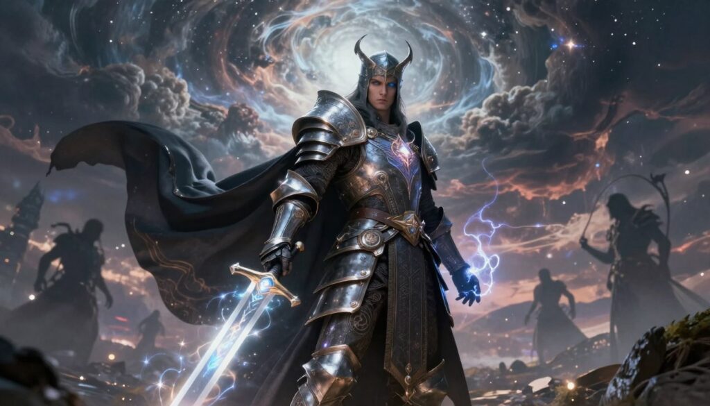 A divine avenger paladin warlock multiclass stands heroically in the foreground, clad in a blend of ornate, gleaming armor with mystical runes and a dark, flowing cloak that shifts with an ethereal glow. Their piercing gaze reflects determination and righteousness. In one hand, they wield a radiant longsword, its blade shimmering with celestial energy, while the other hand crackles with arcane power. The middle ground features a fantastical battlefield illuminated by soft, ambient light, with ethereal shadows of fallen foes. In the background, a dramatic sky is painted with swirling storm clouds and glimmers of starlight, creating an atmosphere of both hope and ominous mystery. The overall mood balances between heroism and mysticism, captured from a low angle to enhance the paladin’s imposing presence.