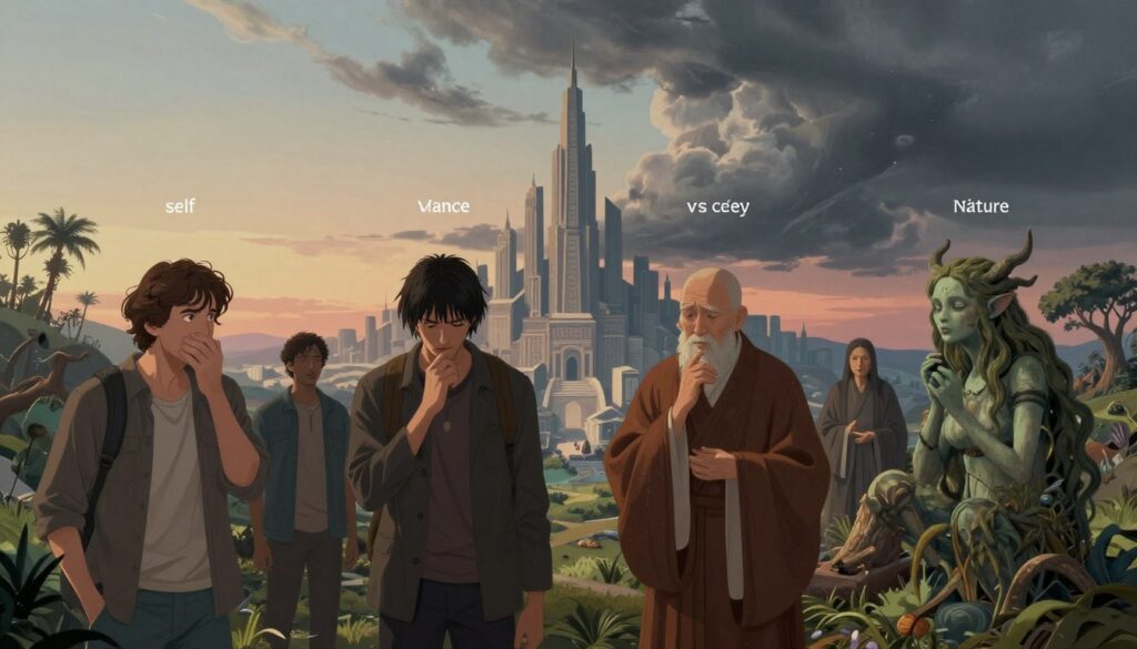 A dynamic illustration of narrative conflict types, showcasing four distinct conflicts: character vs. self, character vs. character, character vs. society, and character vs. nature. In the foreground, a diverse group of characters—an anxious hero, a determined antagonist, a thoughtful sage, and a nature spirit—interact to reflect their conflicts. The middle ground features an abstract representation of society, like towering structures representing societal norms, and a chaotic landscape of wild nature elements. The background incorporates a gradient sky transitioning from calm twilight to stormy clouds, symbolizing tension and struggle. Soft, dramatic lighting highlights the characters’ expressions and conflicts, while a wide-angle perspective draws the viewer into the scene, creating an immersive atmosphere filled with anticipation and engagement.