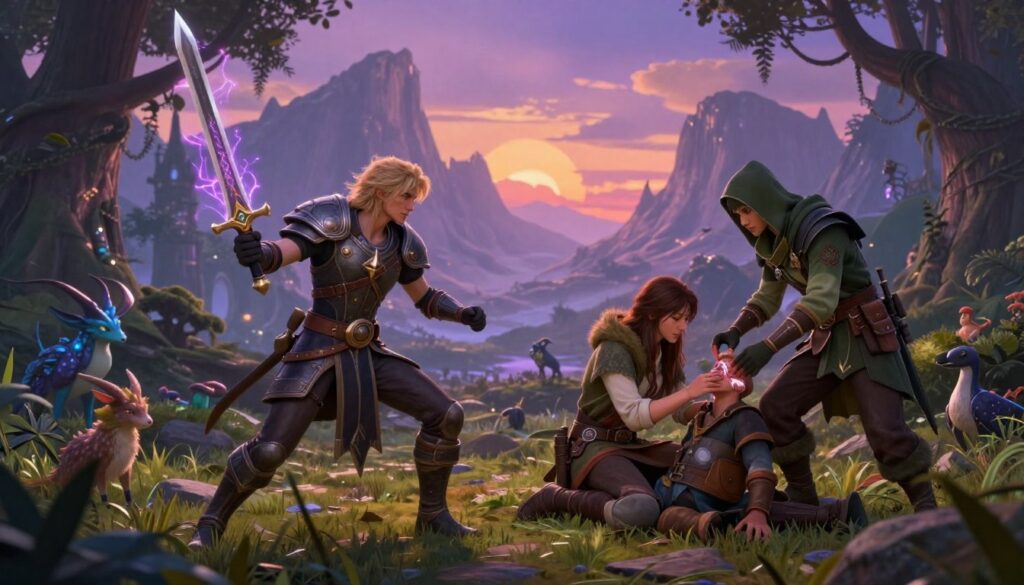 A dynamic scene depicting a hybrid character class versatility in a fantasy RPG setting. In the foreground, two diverse characters showcase their unique skills: a warrior-mage wielding a sword infused with arcane energy, and a rogue-healer stealthily tending to an ally's wounds. Their expressions convey determination and teamwork. In the middle, a lush magical forest teems with mystical creatures, hinting at the collaborative nature of hybrid classes. The background features distant mountains under a vibrant twilight sky, bathed in soft purples and oranges, creating an adventurous atmosphere. Use a wide-angle lens to capture the depth of this enriching scene, with diffuse lighting that highlights the characters while casting soft shadows. The overall mood should inspire a sense of exploration and synergy among diverse abilities.