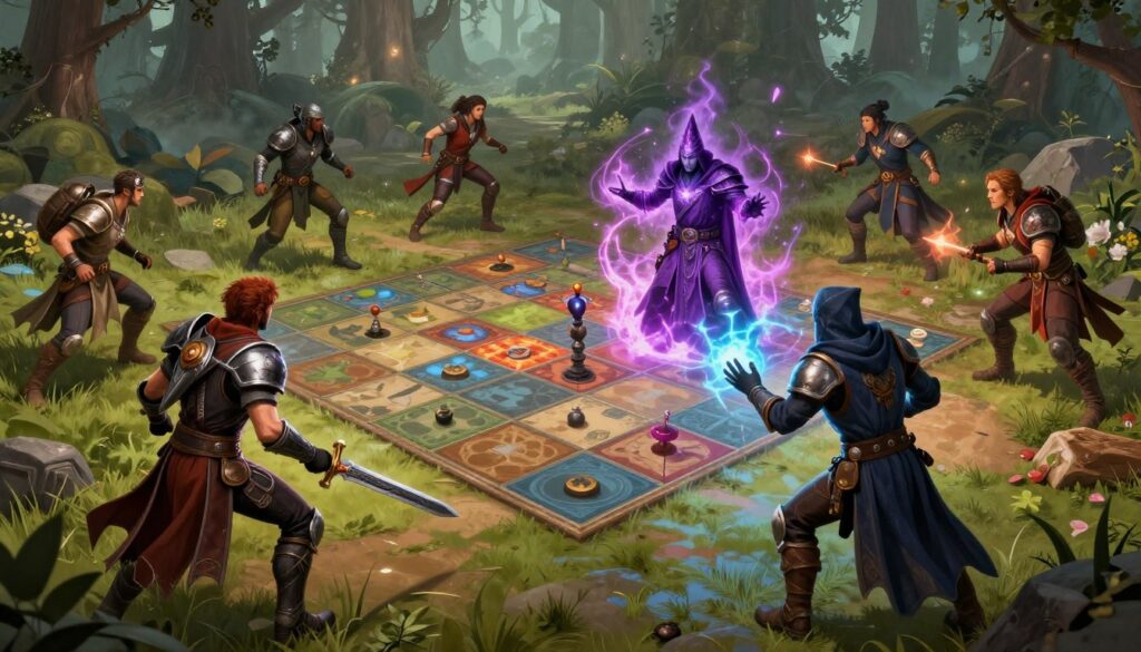 A dynamic scene depicting tactical combat in a fantasy setting, showcasing a group of diverse adventurers engaged in strategic maneuvers on a battlefield. In the foreground, two characters in professional fantasy attire—a fearless warrior with a sword and a focused wizard casting a spell—are coordinating their actions. In the middle ground, a grid layout of tactical movement with marked zones indicates different combat strategies, with vibrant energy surrounding the wizard's spell. The background features an ominous forest backdrop with soft lighting filtering through misty trees, enhancing the tension. The atmosphere is charged with excitement and anticipation, captured from a slightly elevated angle to provide a sense of depth in the scene. The image should be bold, colorful, and immersive, evoking the heart of Pathfinder 2e’s tactical combat system.