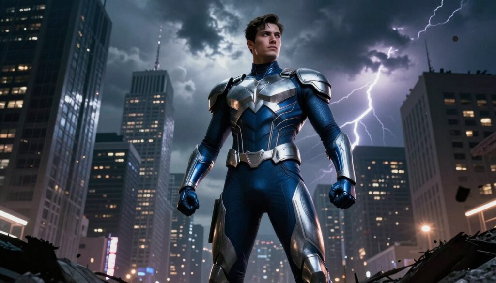 A dynamic scene featuring an invincible superhero standing confidently in the foreground, wearing a sleek, armored costume with an intricate design, reflecting shades of blue and silver. The middle ground reveals a gritty urban landscape with towering skyscrapers, dimly lit streets, and scattered debris, hinting at a recent battle. In the background, a dramatic sky filled with dark clouds and bursts of lightning sets a moody atmosphere. The lighting is intense, casting sharp shadows that highlight the superhero's determined expression. The angle is slightly low, emphasizing the hero's stature and strength, while the overall mood conveys a sense of resilience and unwavering courage.