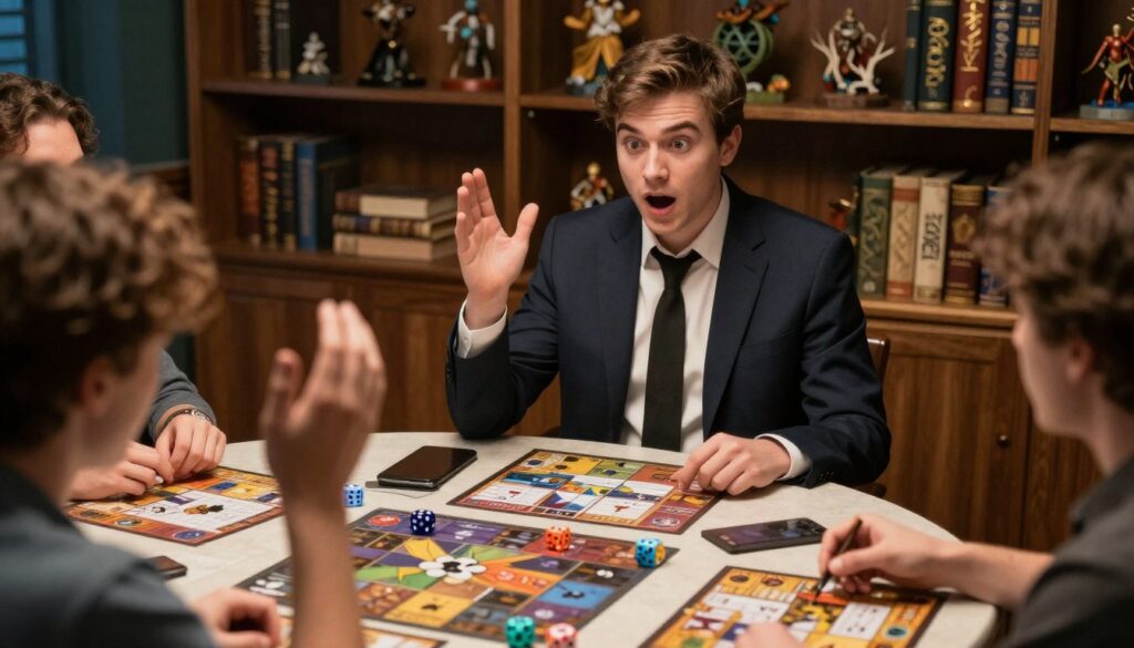 A game master, a young adult in professional business attire, sits at a round table, displaying a mix of surprise and excitement as they react to players' unexpected actions in a tabletop RPG setting. The foreground captures their expressive face, lit by warm, focused lighting that highlights the intensity of the moment. In the middle, colorful character sheets and gaming dice are scattered across the table, with one player’s hand raised, suggesting an enthusiastic question. The background features shelves filled with fantasy-themed books and miniatures, creating an immersive atmosphere. The angle is slightly elevated, providing a clear view of the Game Master's reaction while conveying the dynamics of the moment. The mood is engaging and lively, reflecting the unpredictability and fun of collaborative storytelling.