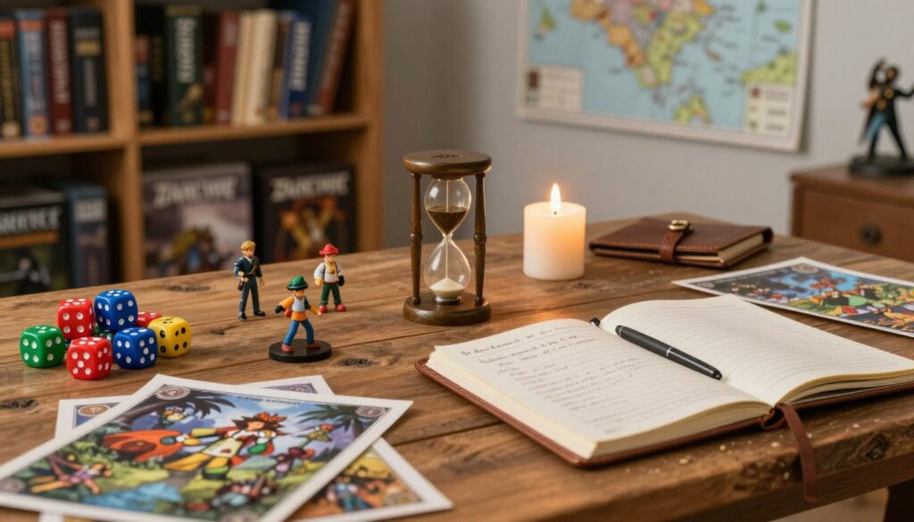 A game master's toolkit for perfect pacing, displayed on a rustic wooden table in a cozy, well-lit room. In the foreground, a diverse assortment of items: colorful dice sets, character sheets, miniature figures, and a leather-bound notebook filled with notes. In the middle, an antique hourglass represents the concept of time and pacing, flanked by a flickering candle illuminating the scene with warm, soft light. In the background, shelves filled with role-playing game books and maps create an inviting atmosphere. The setting is casual yet professional, with elements that convey creativity and strategy. The overall mood should evoke a sense of excitement and anticipation for storytelling and combat in tabletop RPGs, inviting viewers to immerse themselves in the imaginative world of gaming.