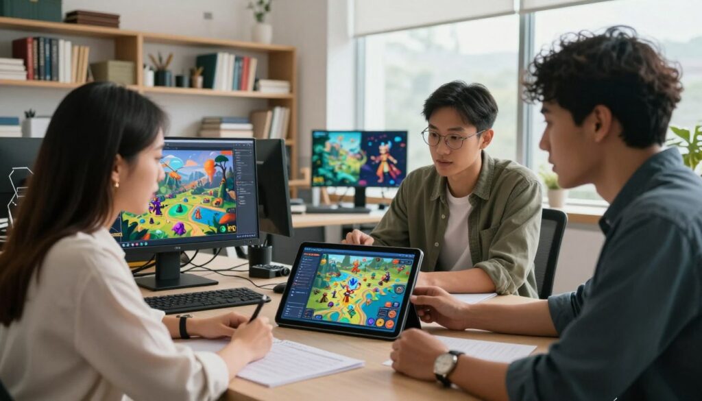 A modern workspace filled with futuristic AI tools for worldbuilding, displayed prominently in the foreground. A diverse group of three RPG creators—one woman in smart business attire, one man in casual yet professional clothing, and a non-binary individual in stylish attire—engaged in a focused discussion around a digital tablet showcasing complex fantasy maps and character designs. In the middle ground, shelves filled with books on world-building concepts and art supplies, alongside screens displaying vibrant landscapes and character illustrations. The background features a large window with soft natural light streaming in, creating a bright and inspiring atmosphere. The scene conveys a sense of collaboration and creativity, emphasizing the infusion of technology in the art of storytelling. The overall mood is dynamic and inventive, with a focus on exploration and innovation in RPG creation.