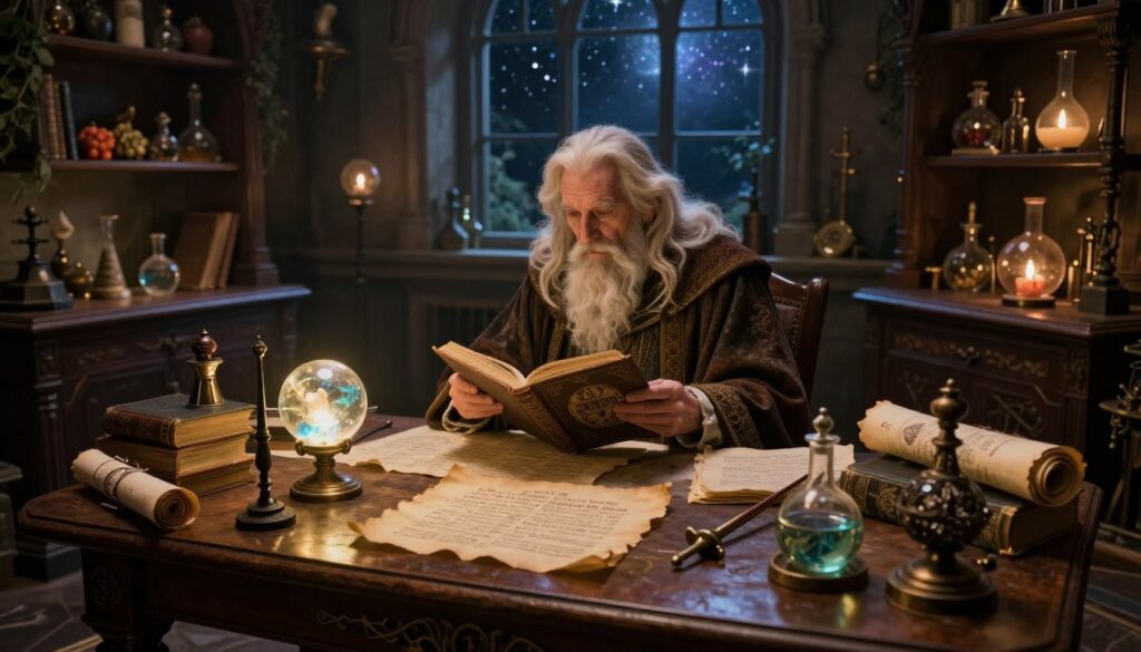 A mystical wizard's laboratory, showcasing the essence of "Ars Magica Definitive Edition." In the foreground, an intricately designed wooden table covered with ancient spellbooks, parchment scrolls, and glowing magical artifacts like a crystal orb and a potion vial. The middle ground features a wise-looking wizard, dressed in elegant robes, meticulously studying an open spellbook, with a look of concentration. Surrounding him are shelves lined with various magical ingredients and alchemical instruments. In the background, a grand window reveals a starry night sky, casting a magical glow throughout the room. Soft, warm lighting enhances the mystical atmosphere, evoking a sense of wonder and scholarly pursuit. The image should be captured from a slightly elevated angle to provide a panoramic view of this enchanting scene.