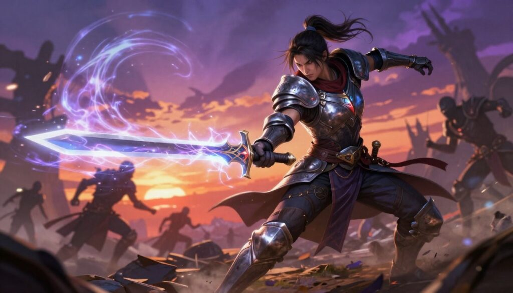 A powerful damage dealer in a fantasy RPG engaged in combat, showcasing dynamic movement and strength. In the foreground, a skilled warrior wearing sleek armor and wielding a glowing sword, their expression focused and fierce. The middle ground features magical energy swirling around them, hinting at explosive damage capabilities. In the background, a dramatic battlefield with shadows of fallen enemies and a vibrant sunset casting orange and purple hues across the scene. Use a cinematic angle to capture the intensity of action, with strong contrasts and dynamic lighting to highlight the warrior's determination. The mood is charged with excitement, reflecting the essence of a high-stakes confrontation.