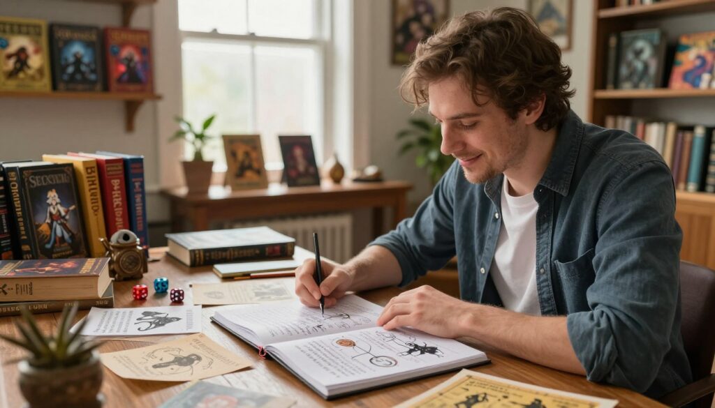 A skilled game master in a cozy, inviting study, deeply focused on a character creation process. In the foreground, an open notebook filled with notes and sketches of intriguing character backstories, highlighting hooks and plot connections. The middle ground features a wooden desk cluttered with story prompts, dice, and fantasy-themed books. In the background, soft, warm lighting bathes the room, creating a dreamy atmosphere with shelves lined with colorful RPG manuals and framed character portraits. A large window lets in natural light, ensuring the scene feels vibrant and engaging. The game master, dressed in smart casual attire, is portrayed thoughtfully analyzing the notes, embodying creativity and inspiration, with a slight smile as if struck by a brilliant idea.