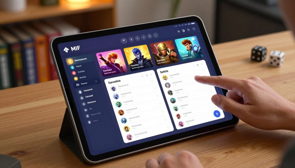 A sleek, modern fifth edition character sheet app interface displayed on a tablet device on a wooden desk. The foreground features a hand interacting with the touchscreen, selecting various character attributes and stats. In the middle, the app's colorful, customizable character sheet showcases a mix of stats, inventory items, and skill lists, all organized with a user-friendly layout. The background hints at a cozy gaming room, adorned with bookshelves filled with role-playing game manuals and dice, softly lit by warm overhead lighting. The scene captures a focused and immersive atmosphere, emphasizing the blend of technology and tabletop gaming. The angle is slightly above the tablet, providing a clear view of the app's vibrant interface while maintaining an inviting setting.
