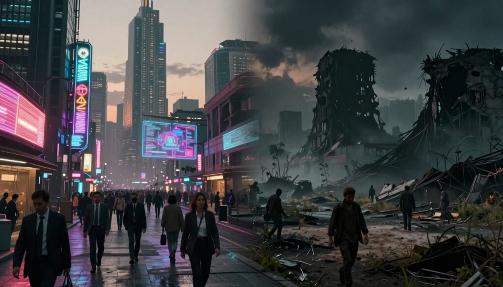 A split scene showcasing the thematic contrast between Cyberpunk and Grimdark genres. In the foreground, a futuristic cityscape with neon lights, holograms, and towering skyscrapers representing Cyberpunk. People in professional business attire navigate through crowded streets, illuminated by vibrant signs. On the opposite side, a desolate, dystopian wasteland embodies the Grimdark theme. Features dark, crumbling ruins, overgrown vegetation, and menacing shadows, with figures clad in modest, rugged clothing to represent survival and resilience. The middle ground merges both worlds, hinting at their intersection. A moody, twilight ambiance with contrasting lighting: warm neon hues on one side and cold, muted tones on the other. The image is viewed from a slight high angle, capturing both settings effectively while retaining a harmonious yet unsettling atmosphere.