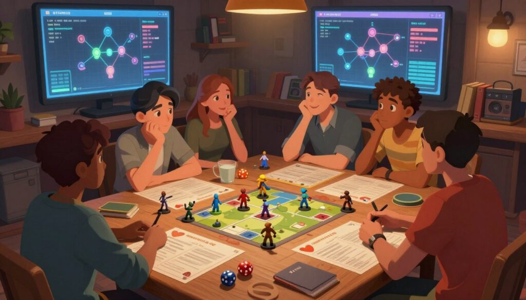 A stylized digital illustration depicting a tabletop role-playing game (TTRPG) environment infused with video game relationship mechanics. In the foreground, a wooden table is scattered with character sheets, dice, and miniature figures representing NPCs, each with visual indicators of relationship status (hearts, arrows, etc.). In the middle ground, a diverse group of players engaged in animated discussion showcases a range of emotions, like excitement and contemplation, while they collaborate on their campaign. The background features a large screen displaying relationship charts and gameplay stats, illuminated by soft, ambient lighting creating a warm and inviting atmosphere. A cozy tavern setting with shelves of books and gaming paraphernalia adds depth to the scene, all captured with a slightly above-eye-level angle to emphasize the interaction between players and the complexity of TTRPG dynamics. The mood is both strategic and playful, highlighting the essence of managing NPC relationships in gameplay.