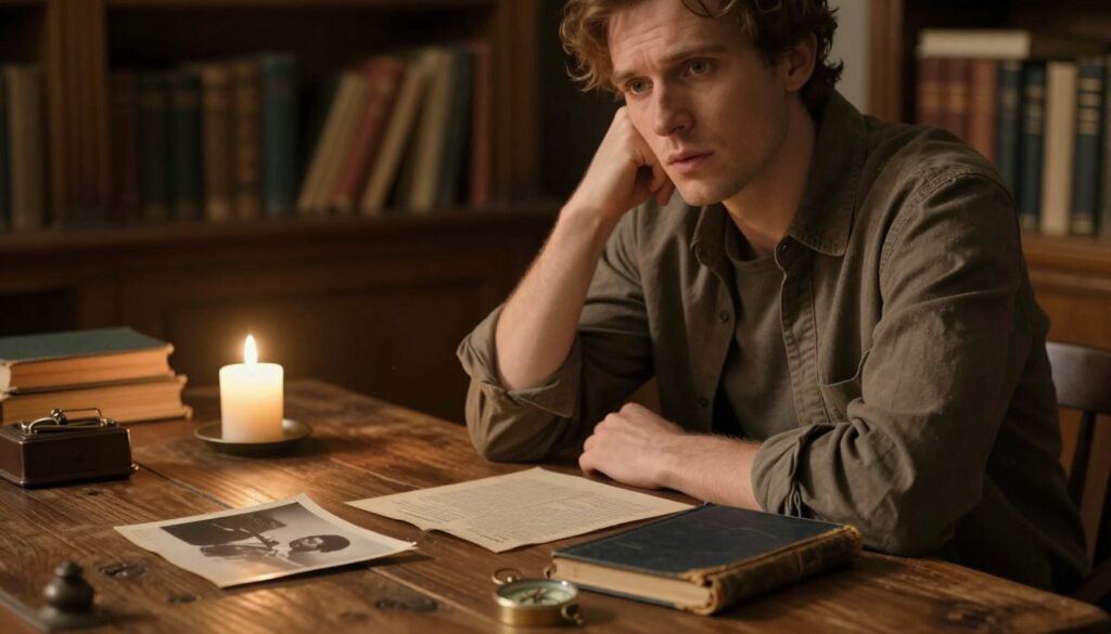 A thoughtful character seated at a rustic wooden table, surrounded by artifacts that hint at a rich backstory—an old photograph, a weathered journal, and a compass. In the foreground, the character is a well-dressed individual in modest casual clothing, with an expressive face showing a mix of nostalgia and determination. The middle ground features a glowing candle casting warm, flickering light, illuminating the memories on the table. The background is a softly blurred library filled with books, symbolizing wisdom and experience. The atmosphere is contemplative, with a warm color palette of browns and golds, capturing the essence of deep introspection and illustrating the complex moral compass shaped by past events. Use a shallow depth of field for focus, with soft natural lighting to enhance the mood.