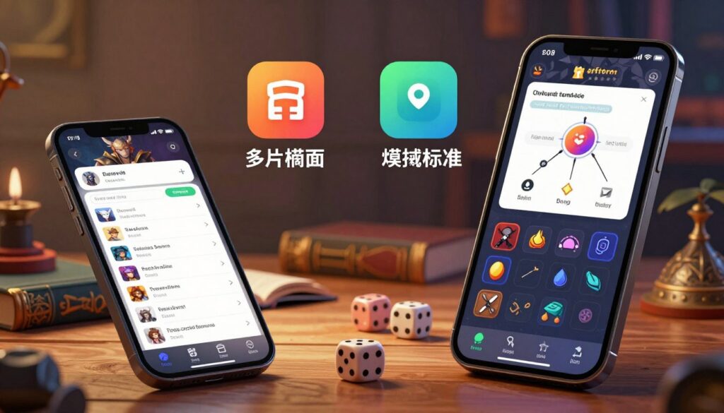 A vibrant and detailed digital illustration showcasing an array of top-tier character sheet app features. In the foreground, depict a sleek smartphone displaying a user-friendly character interface with stats, inventory lists, and skill trees. In the middle ground, illustrate icons representing features such as customizable templates, multi-platform synchronization, and intuitive drag-and-drop inventory management. The background presents a cozy, dimly-lit gaming room with a wooden table, scattered dice, and fantasy books, enhancing the gaming atmosphere. The scene is illuminated by warm, soft lighting, creating an inviting and focused ambiance. The image should evoke a sense of excitement and efficiency, inviting viewers to explore these essential app features without any text or additional distractions.