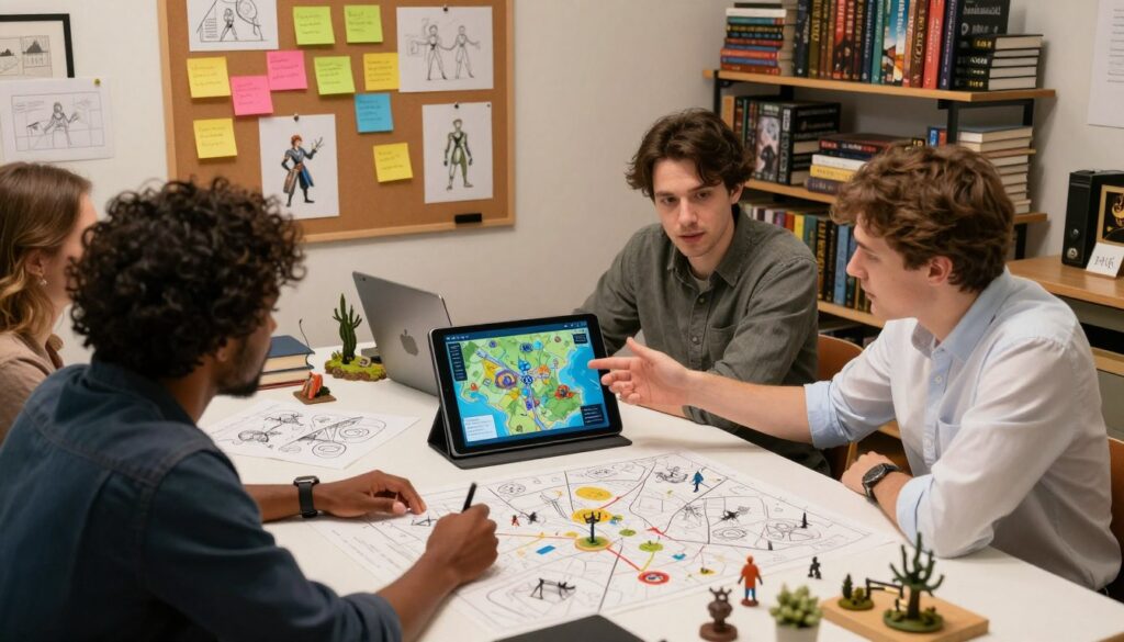 A vibrant and dynamic collaborative world-building session taking place in a well-lit creative workspace. In the foreground, a diverse group of three individuals sit around a large table strewn with concept maps, sketches, and miniatures, actively discussing ideas. One person, wearing a smart casual shirt, gestures towards a large digital tablet displaying a fantasy map. In the middle, the atmosphere is filled with enthusiasm and creativity, with colorful notes and character designs pinned on a corkboard behind them. The background features shelves stacked with fantasy novels and board games, creating a cozy yet stimulating environment. Soft, warm lighting enhances the inviting atmosphere, capturing a moment of inspiration and teamwork, expertly shot from a slightly elevated angle to encompass the collaborative spirit.