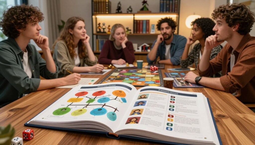 A vibrant, modern tabletop gaming setting featuring a sleek, organized skill system display. In the foreground, a detailed open rulebook on a polished wooden table, showcasing colorful skill trees and streamlined character sheets. The middle ground features a group of diverse characters in professional, casual attire engaged in thoughtful discussion, with expressions of curiosity and excitement. The background includes shelves filled with fantasy-themed books, miniatures, and dice, softly illuminated by warm, inviting lighting. The mood is collaborative and welcoming, suggesting accessibility and enthusiasm for the game. The angle is slightly elevated, capturing the entire scene, with a focus on both the characters and the intricate details of the skill system.