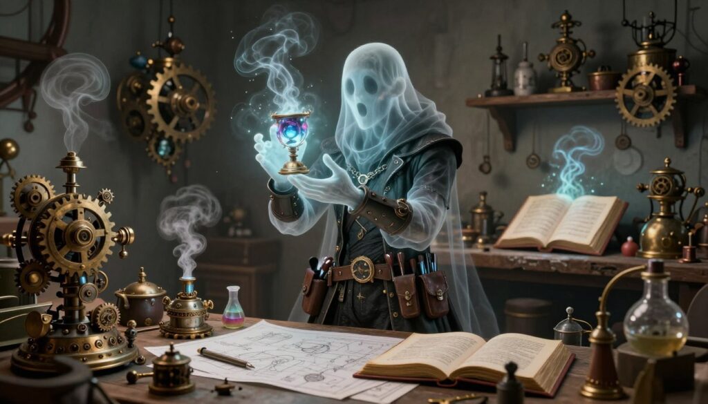 A whimsical, tinkering ghost rogue artificer stands in a cluttered workshop, the foreground showcasing intricate gear-driven inventions, steam-punk gadgets, and a mysterious glowing artifact in their hands. The ghostly figure is semi-transparent and wearing a blend of sleek, dark rogue attire and practical artificer's tools, including a utility belt with pouches for alchemical components. The middle ground features a workbench scattered with blueprints, tools, and an open spellbook emitting a faint luminescent aura. In the background, shelves are overflowing with mechanical contraptions and ethereal wisps of light, enhancing the character's ghostly nature. Soft, ambient lighting casts gentle shadows, highlighting the creative chaos of the workspace. The mood is playful yet eerie, capturing the essence of innovation and spectral mischief.